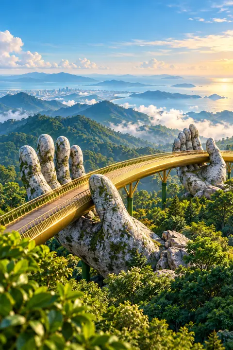 Ba Na Hills · Golden Bridge · AI-generated illustrations, not actual photographs of destinations or hotels.