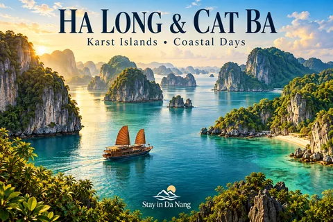 Three days around Ha Long and Cat Ba: choose a bay route and leave a buffer · AI-generated illustrations, not actual photographs of destinations or hotels.