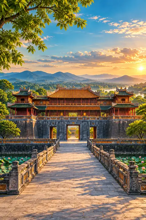 Huế · Imperial City · AI-generated illustrations, not actual photographs of destinations or hotels.