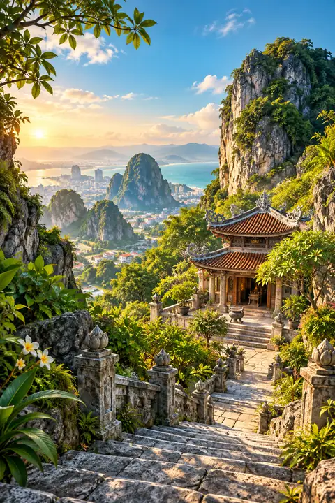 Ngũ Hành Sơn · Marble Mountains · AI-generated illustrations, not actual photographs of destinations or hotels.