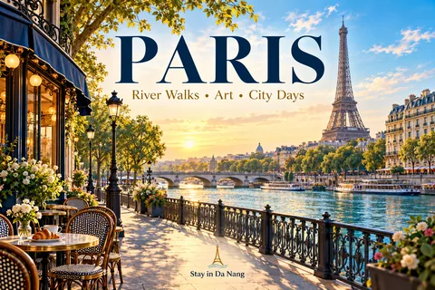 Four days in Paris: the Seine, a museum day and neighbourhood walks · AI-generated illustrations, not actual photographs of destinations or hotels.