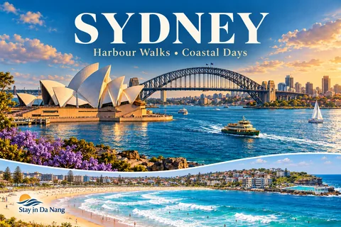 Three days in Sydney: the harbour, The Rocks and a coastal outing · AI-generated illustrations, not actual photographs of destinations or hotels.